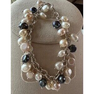 Sterling 925 Silver Fresh Water Pearl Charm Bracelet 7.25 Inches Multi Color